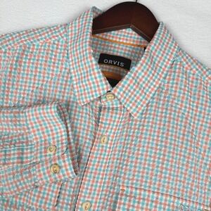 Orvis Active Fit Seersucker Plaid Work Shirt Mens L Nylon Roll Tab Sleeve
